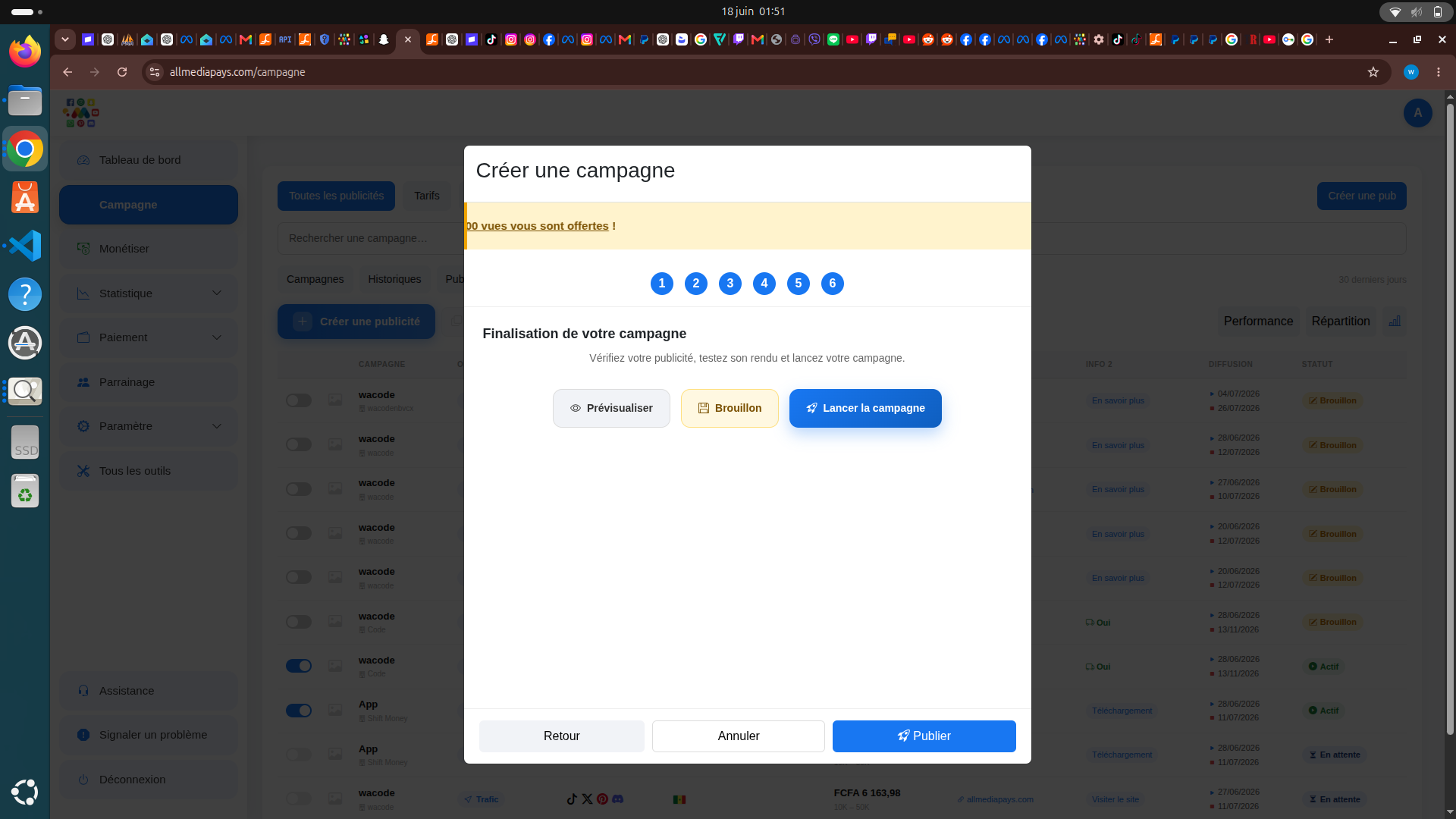 Étape 6 de la modale : prévisualiser, brouillon, lancer la campagne